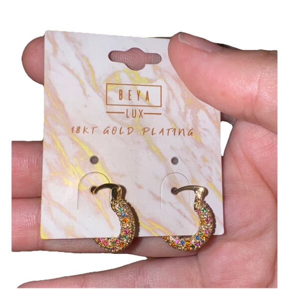 Multicolor Micro Pave 14K Gold Plated Cubic Zirconia Women Hoop Earrings - Picture 1 of 7